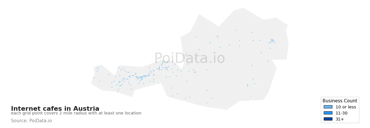 Internet cafe density map for Austria
