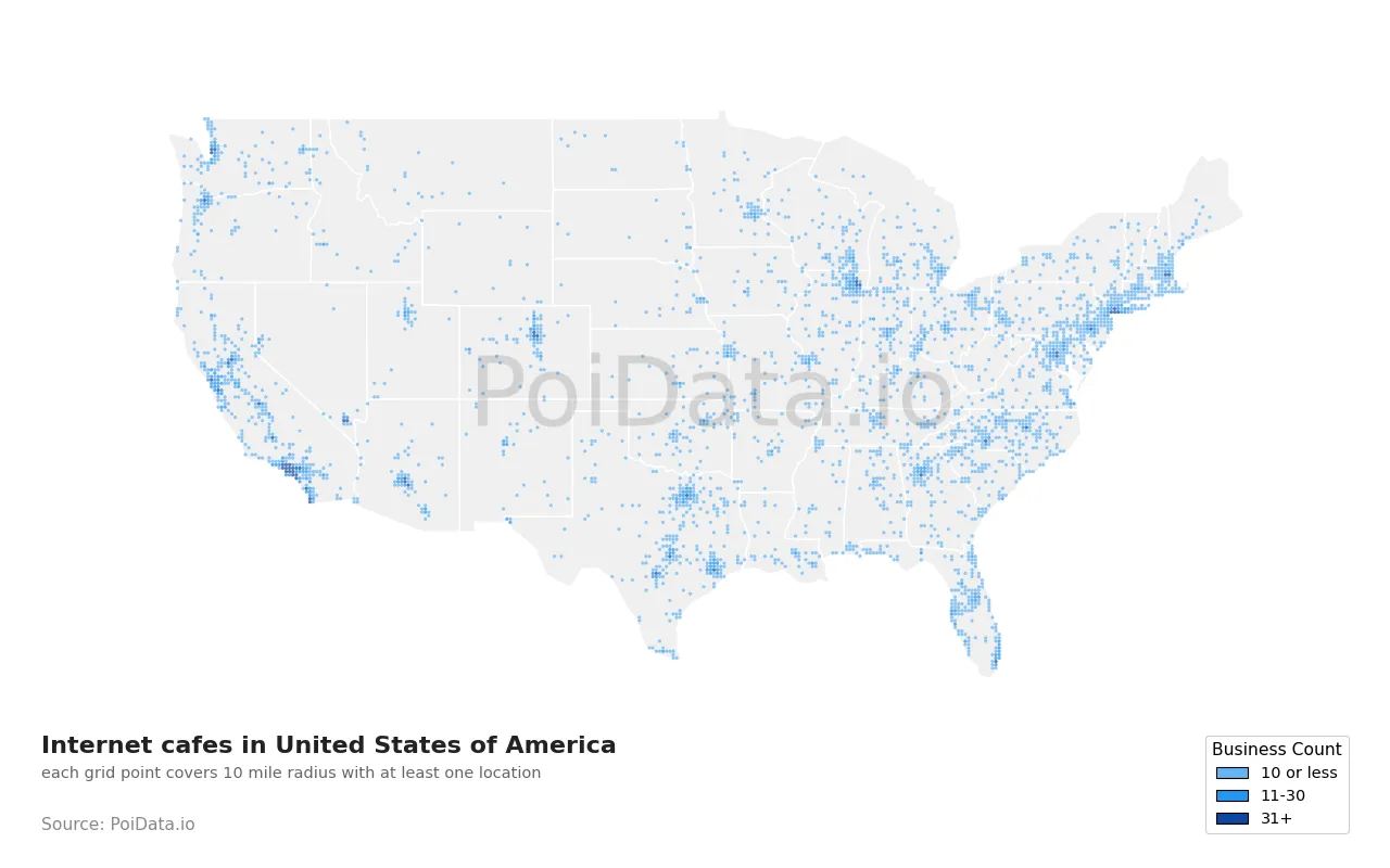 Internet cafe density map for United States