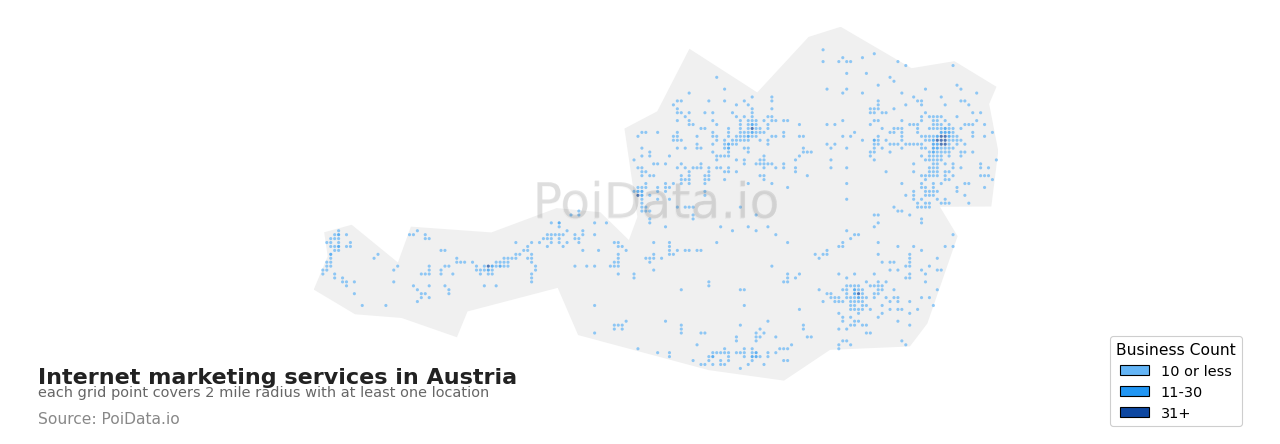 Internet marketing service density map for Austria