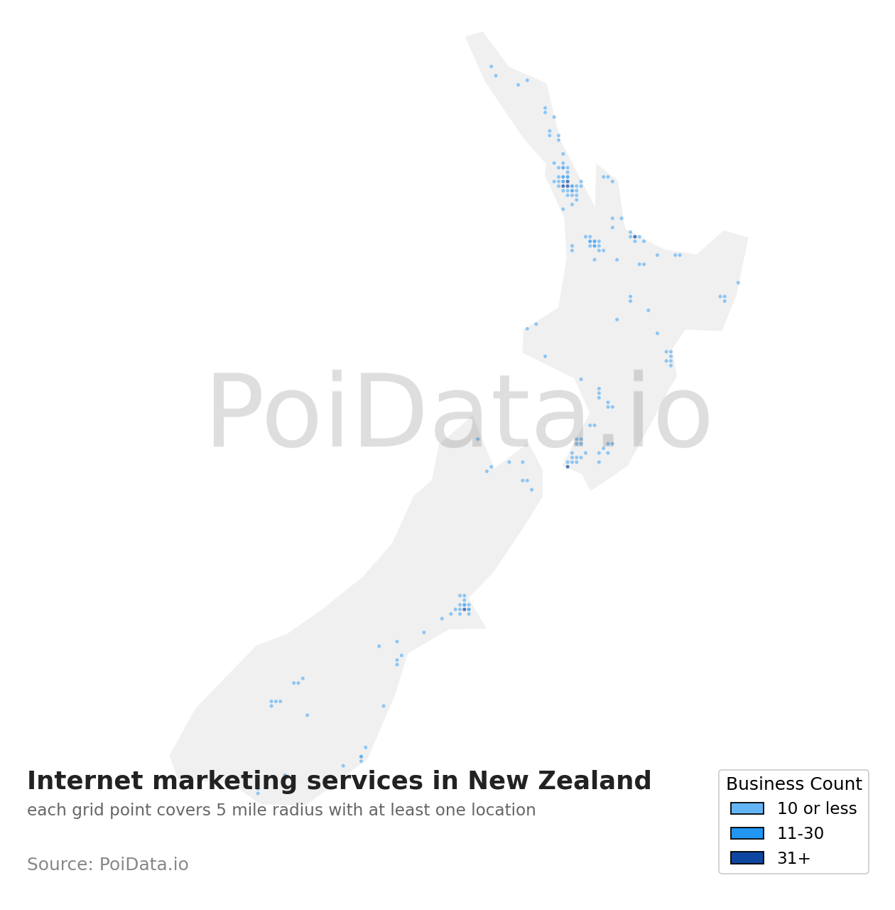 Internet marketing service density map for New Zealand