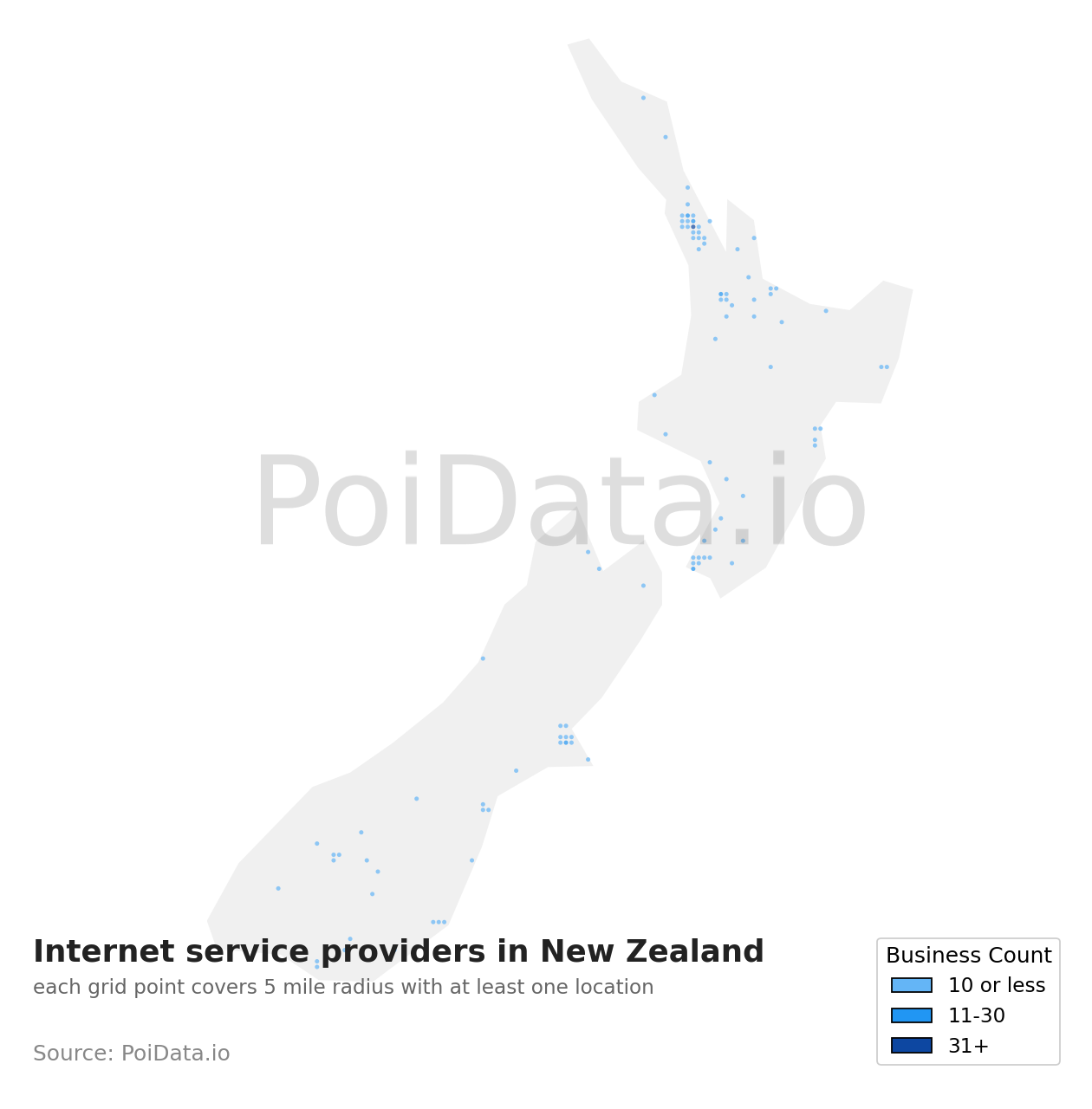 Internet service provider density map for New Zealand