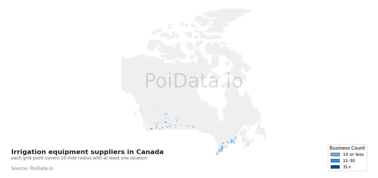 Irrigation equipment supplier density map for Canada