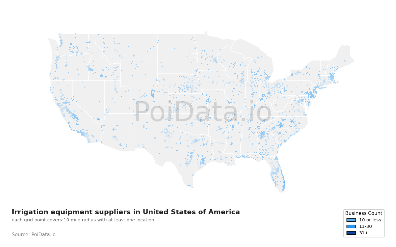 Irrigation equipment supplier density map for United States