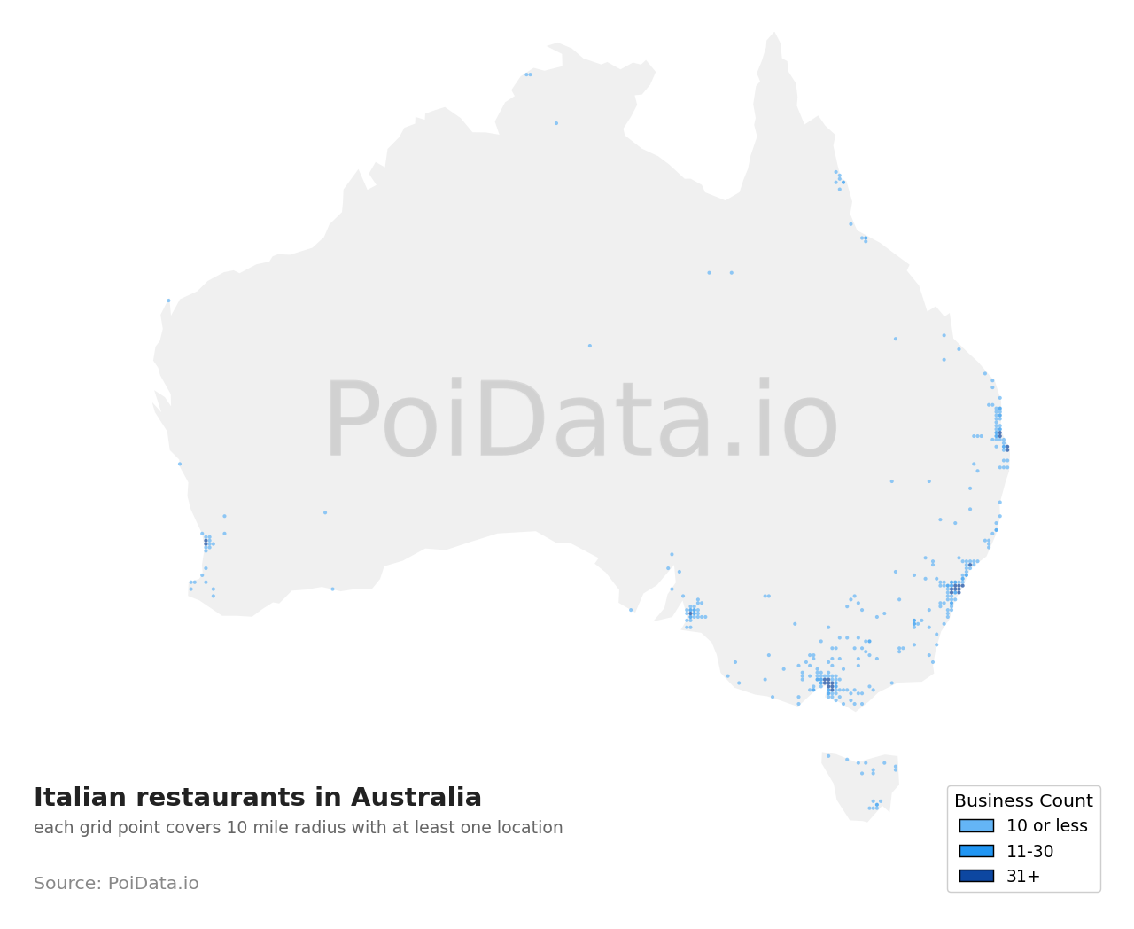 Italian restaurant density map for Australia