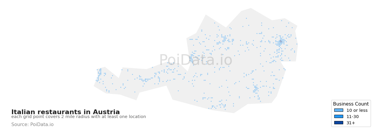 Italian restaurant density map for Austria
