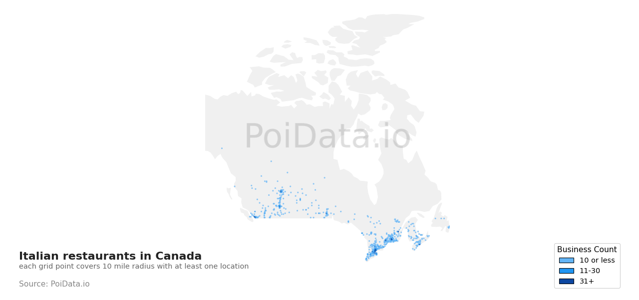 Italian restaurant density map for Canada
