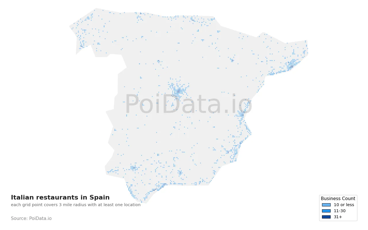 Italian restaurant density map for Spain