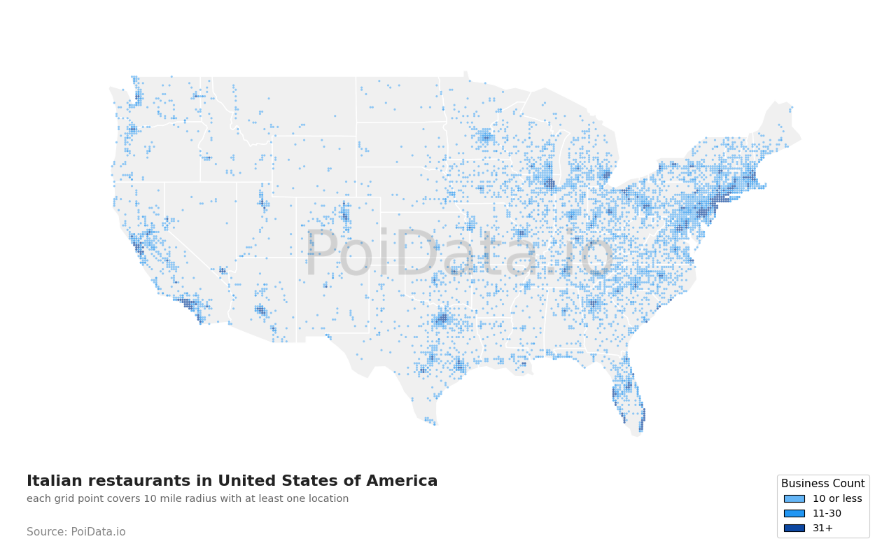 Italian restaurant density map for United States