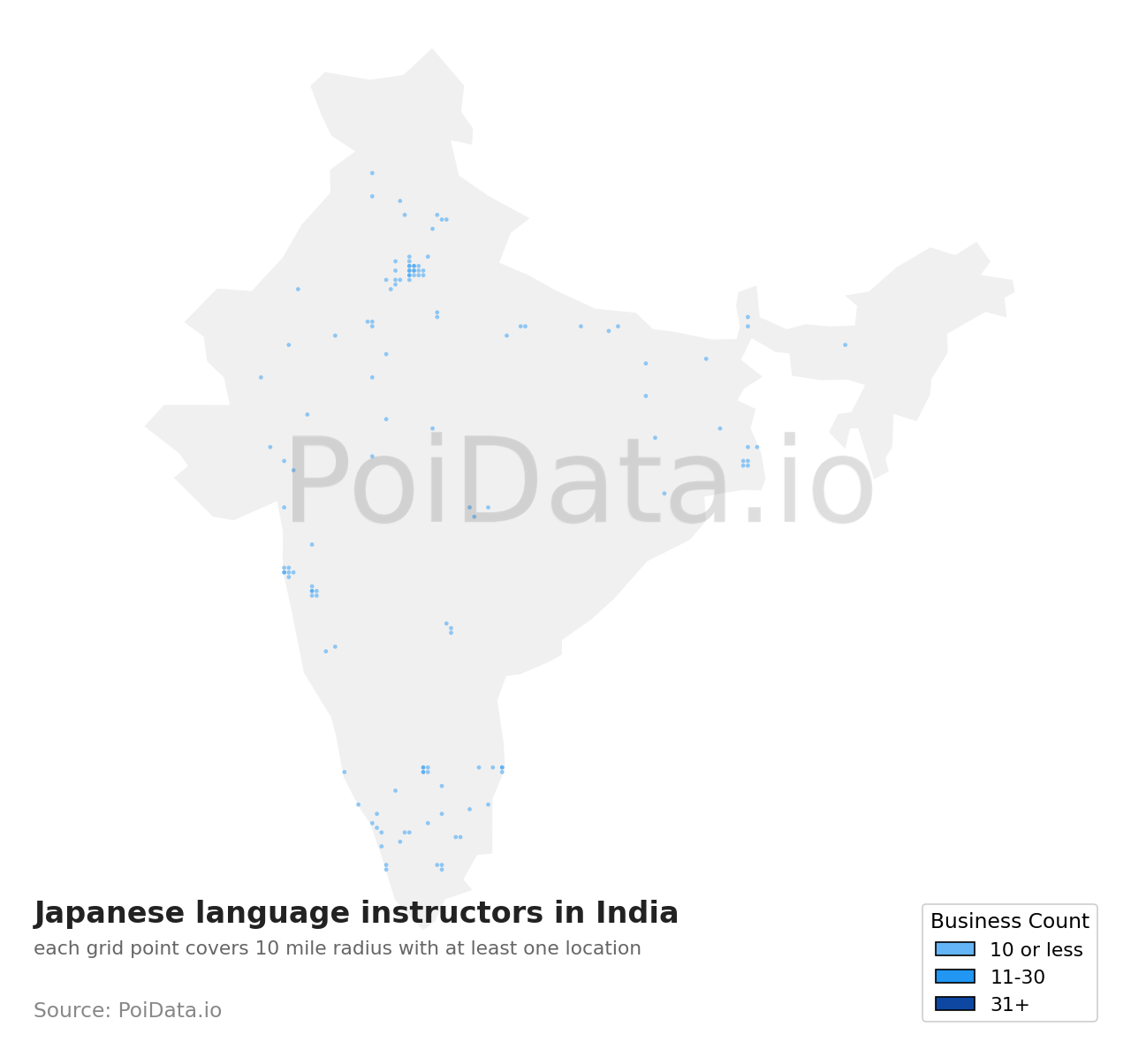 Japanese language instructor density map for India