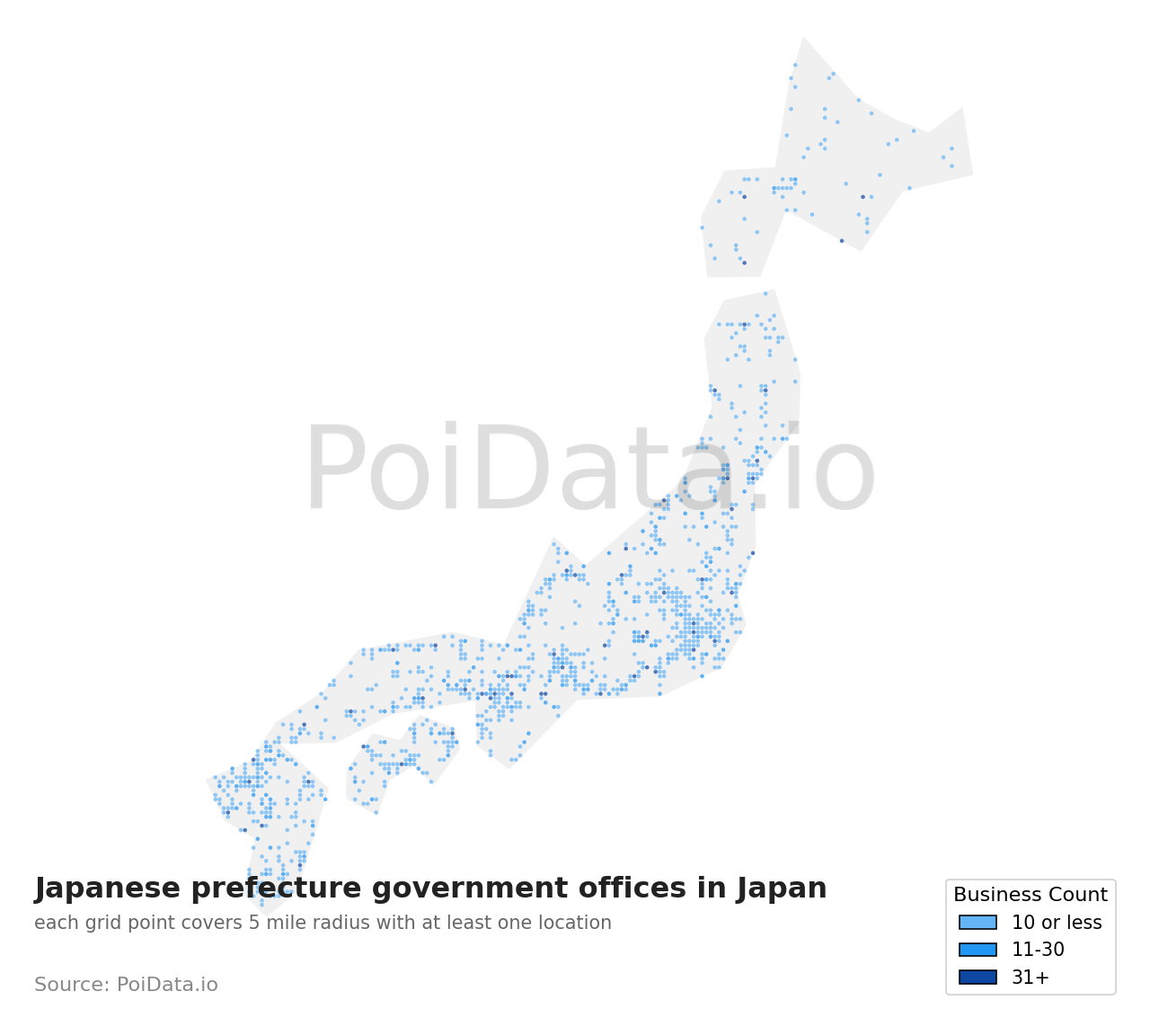 Japanese prefecture government office density map for Japan