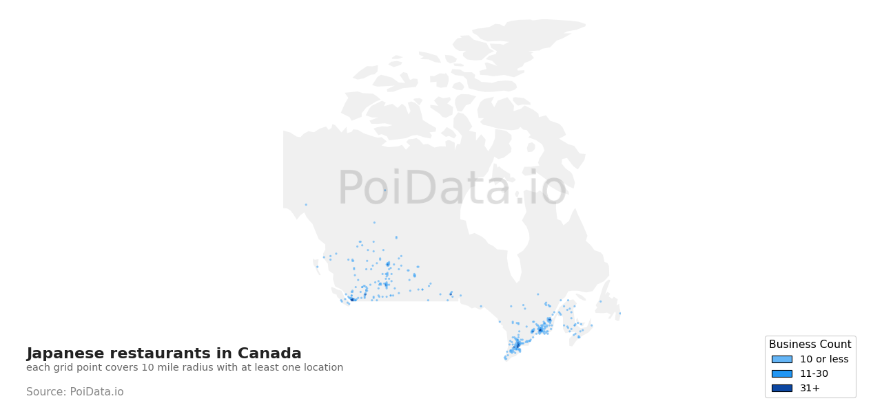 Japanese restaurant density map for Canada
