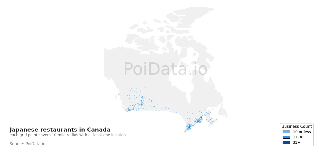 Japanese restaurant density map for Canada
