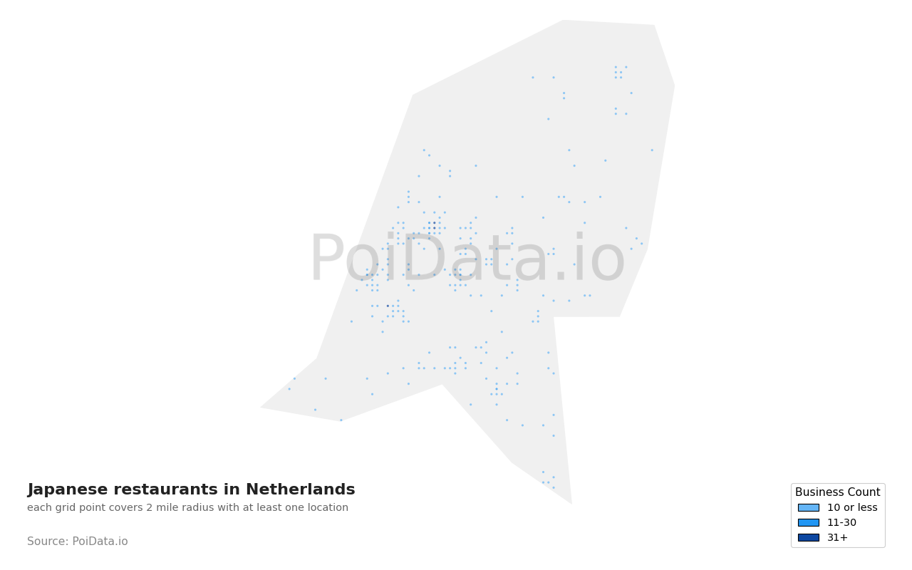 Japanese restaurant density map for Netherlands