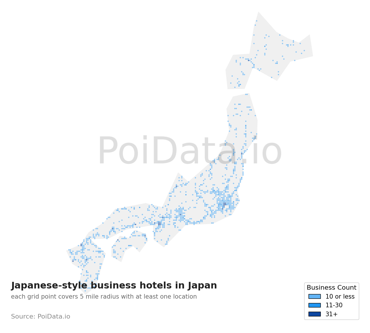 Japanese-style business hotel density map for Tokyo, Japan