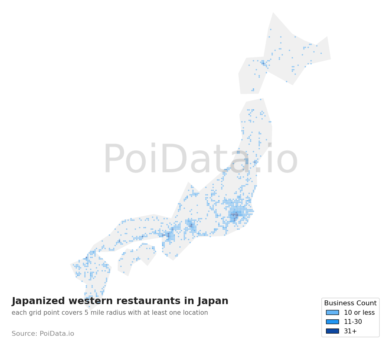 Japanized western restaurant density map for Aichi, Japan