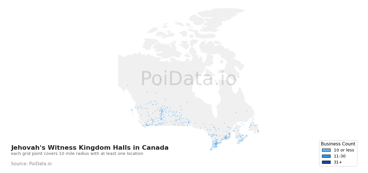 Jehovah's Witness Kingdom Hall density map for Canada