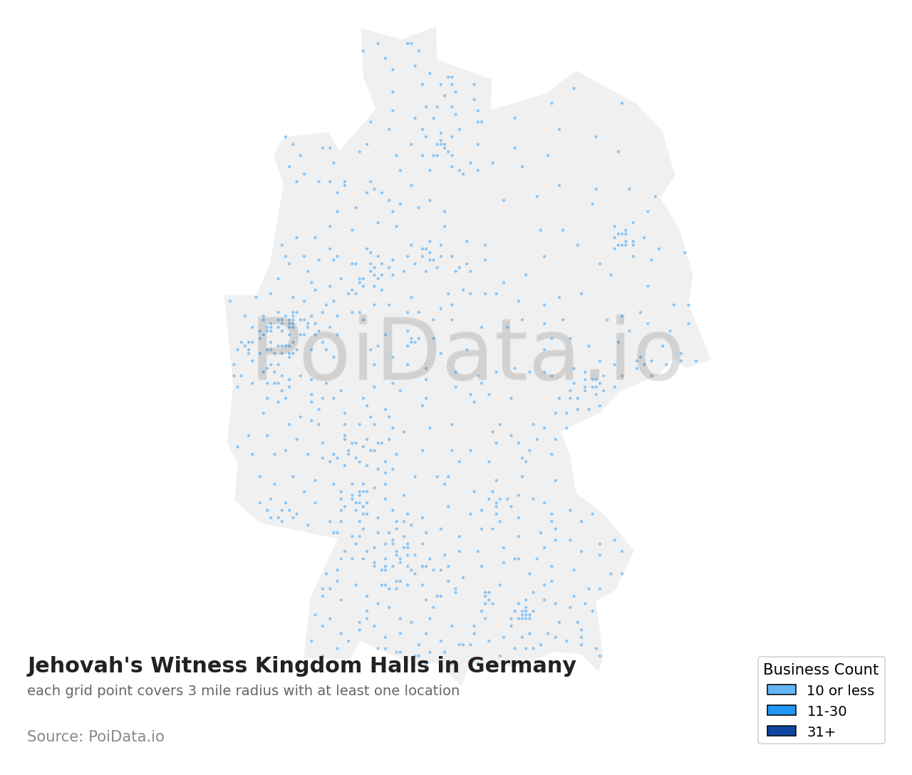 Jehovah's Witness Kingdom Hall density map for Germany