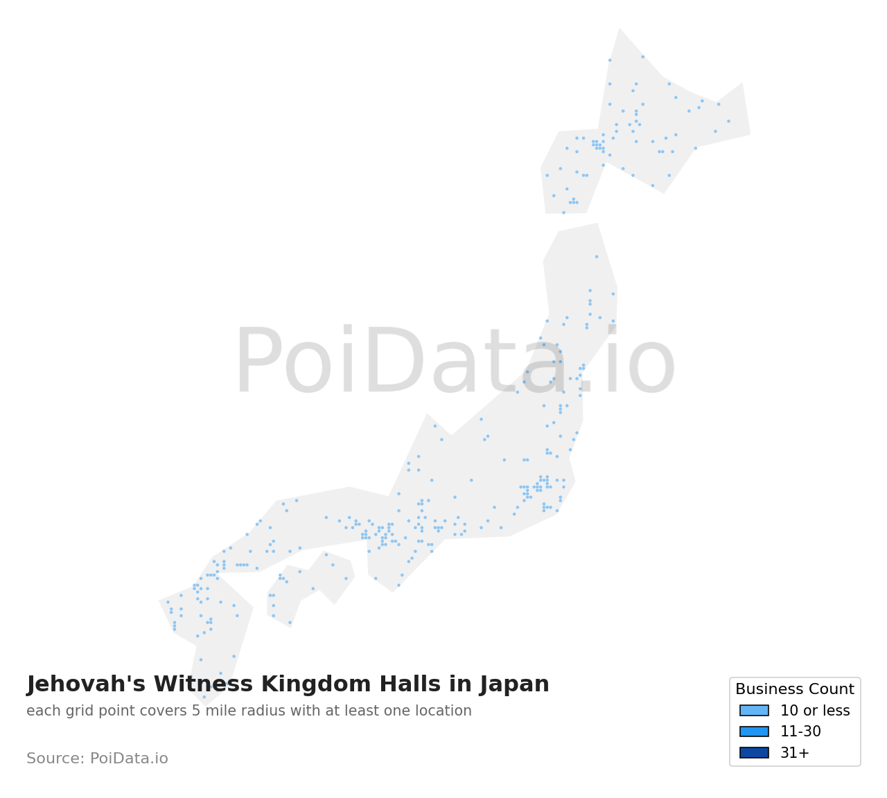 Jehovah's Witness Kingdom Hall density map for Japan