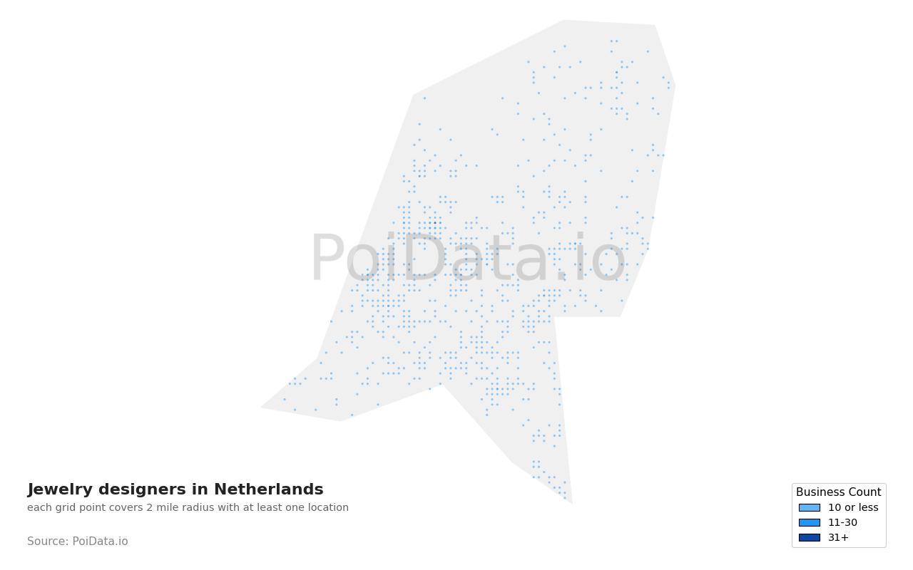Jewelry designer density map for Netherlands