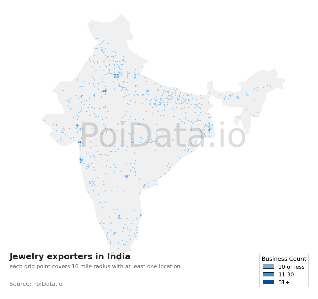 Jewelry exporter density map for India