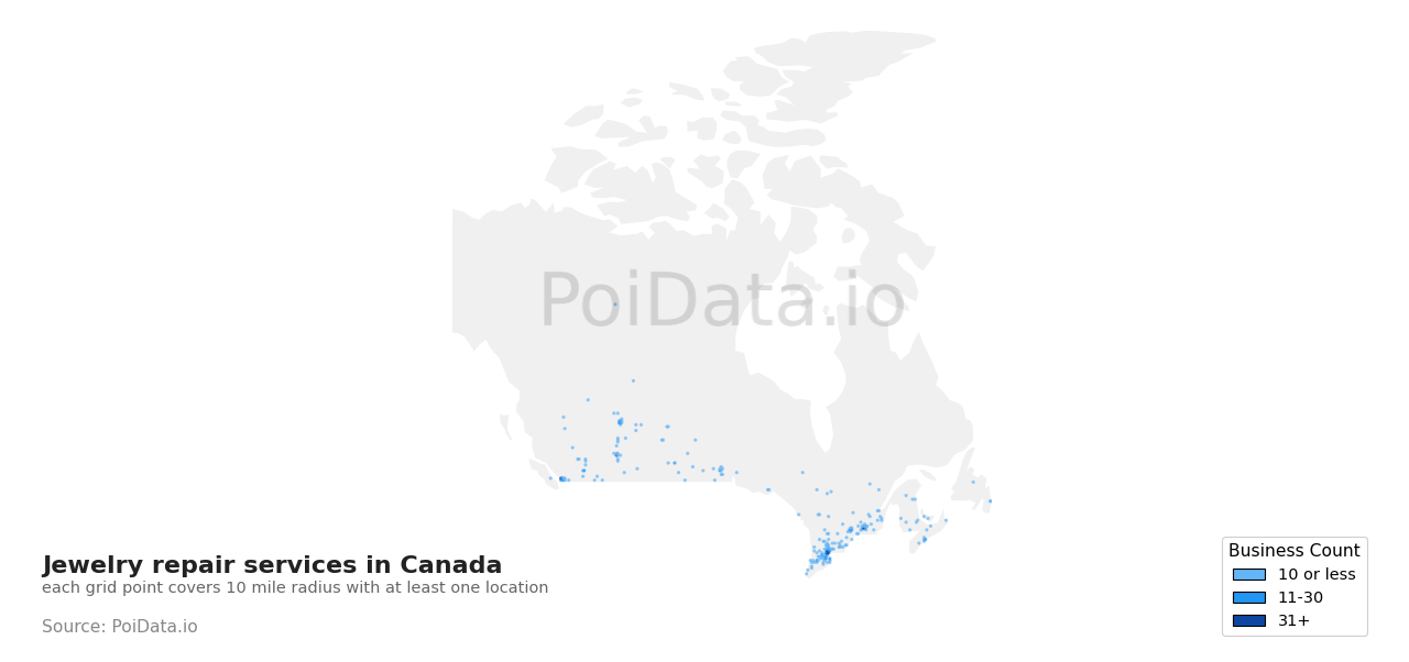 Jewelry repair service density map for Ontario, Canada