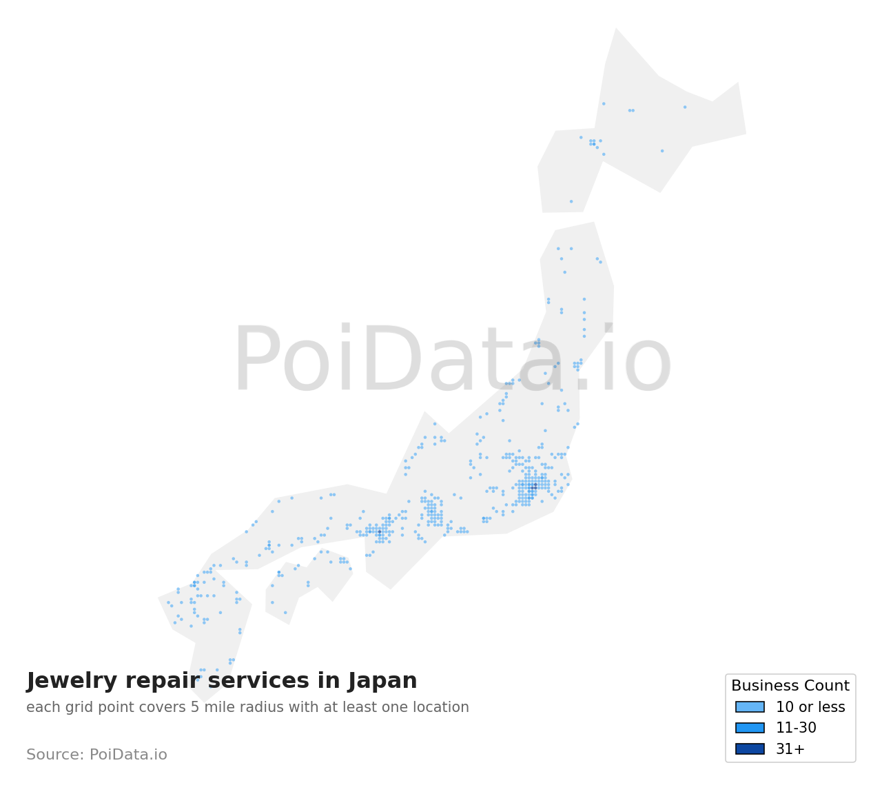 Jewelry repair service density map for Kanagawa, Japan
