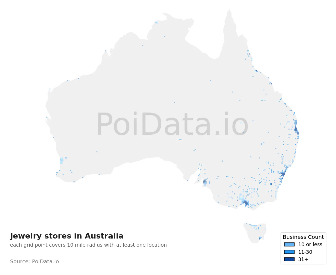 Jewelry store density map for Australia