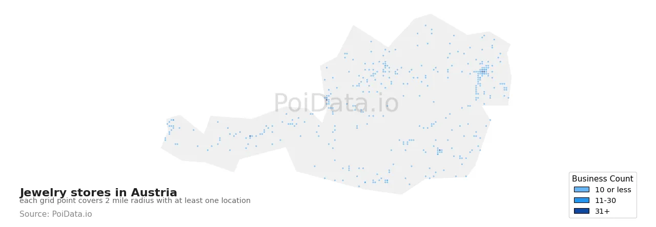 Jewelry store density map for Austria
