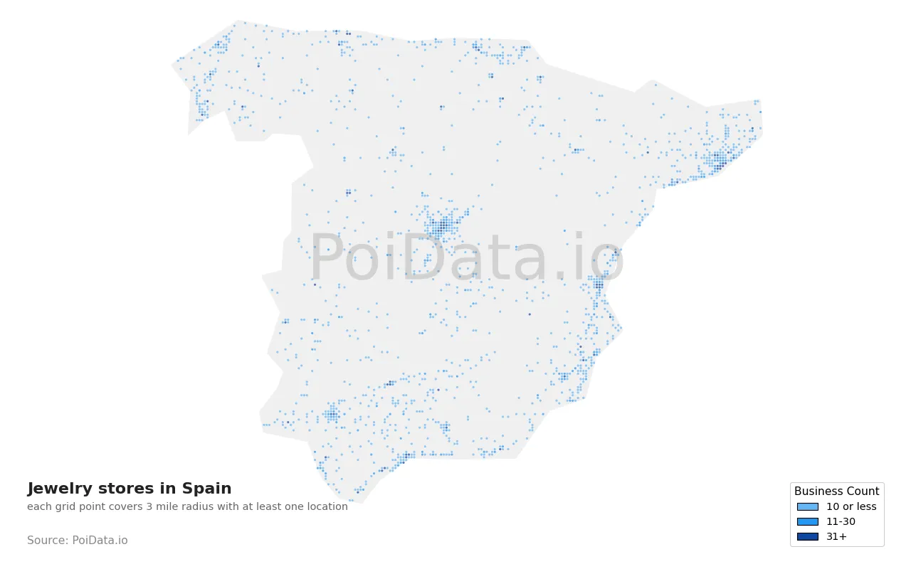 Jewelry store density map for Spain