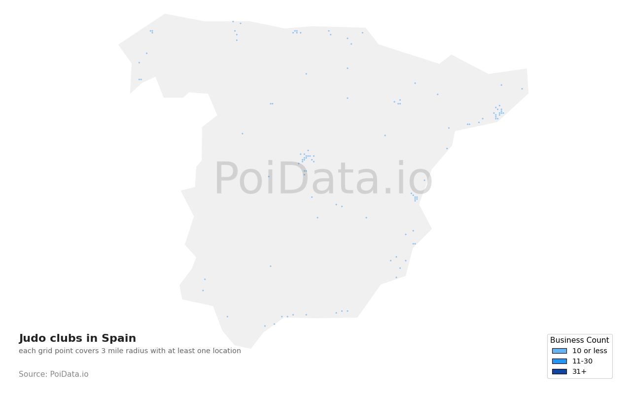 Judo club density map for Spain