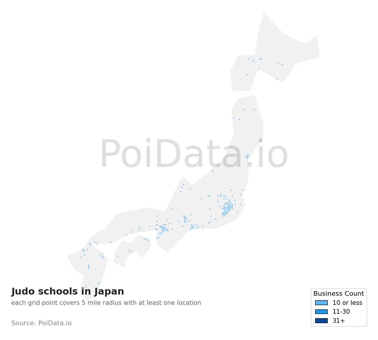 Judo school density map for Japan