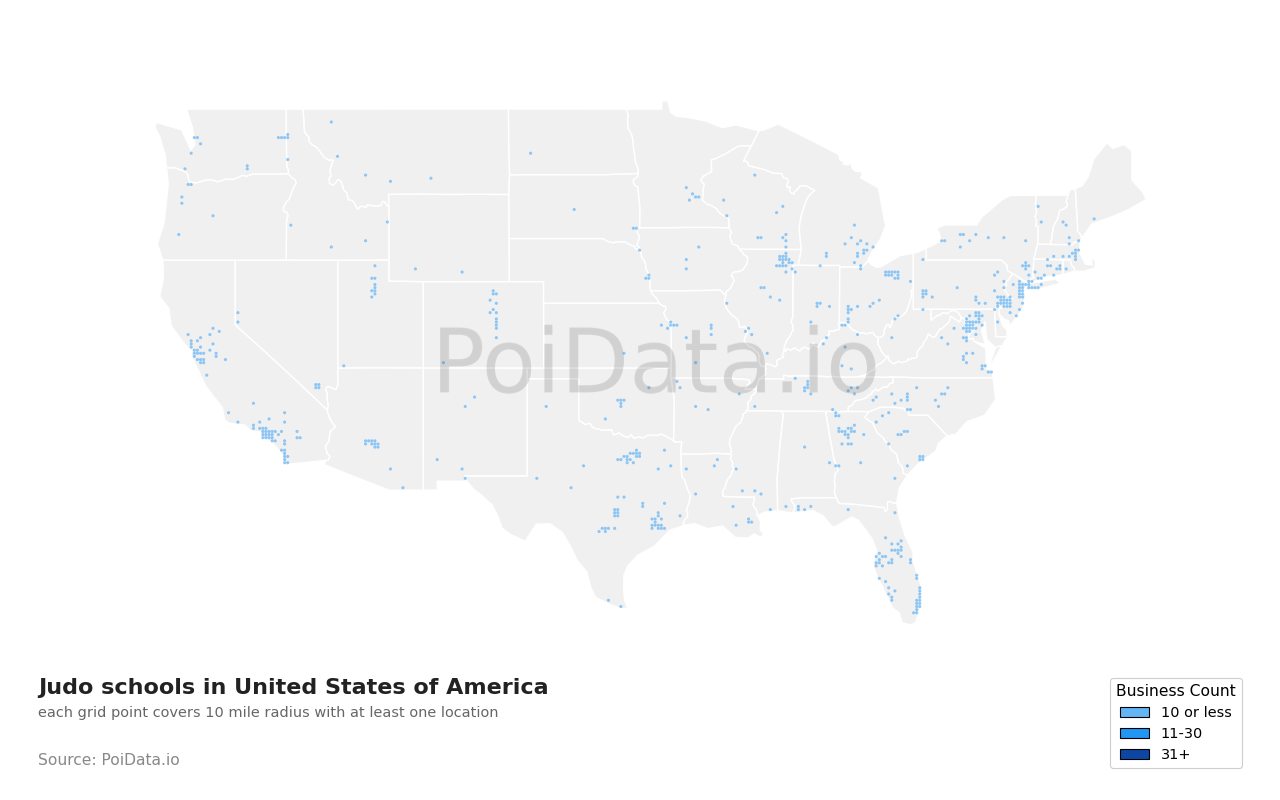 Judo school density map for Virginia, United States