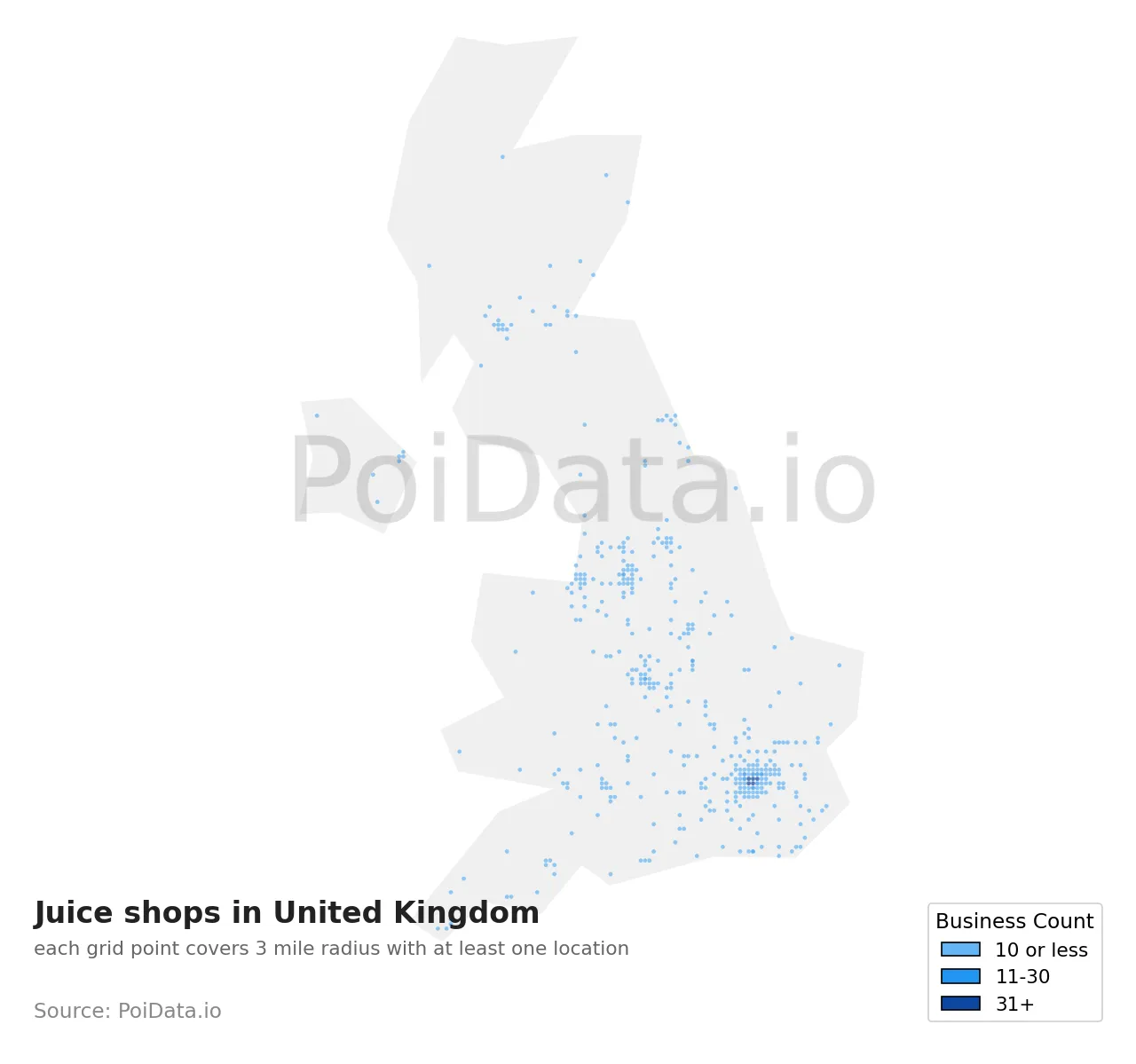 Juice shop density map for United Kingdom