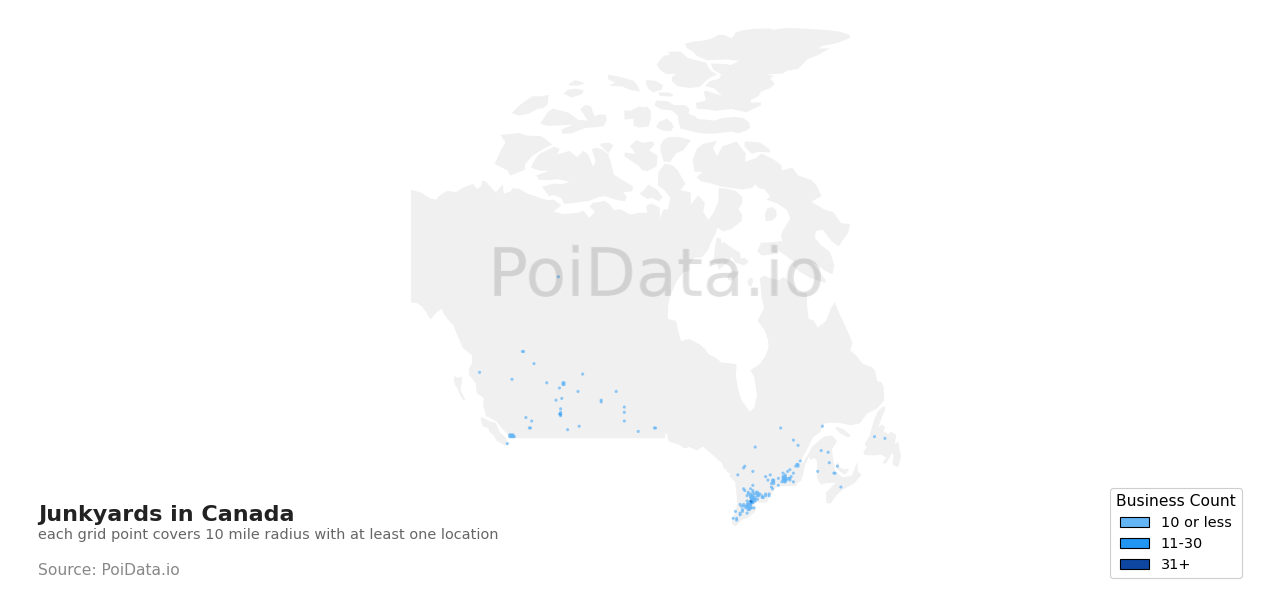 Junkyard density map for Quebec, Canada