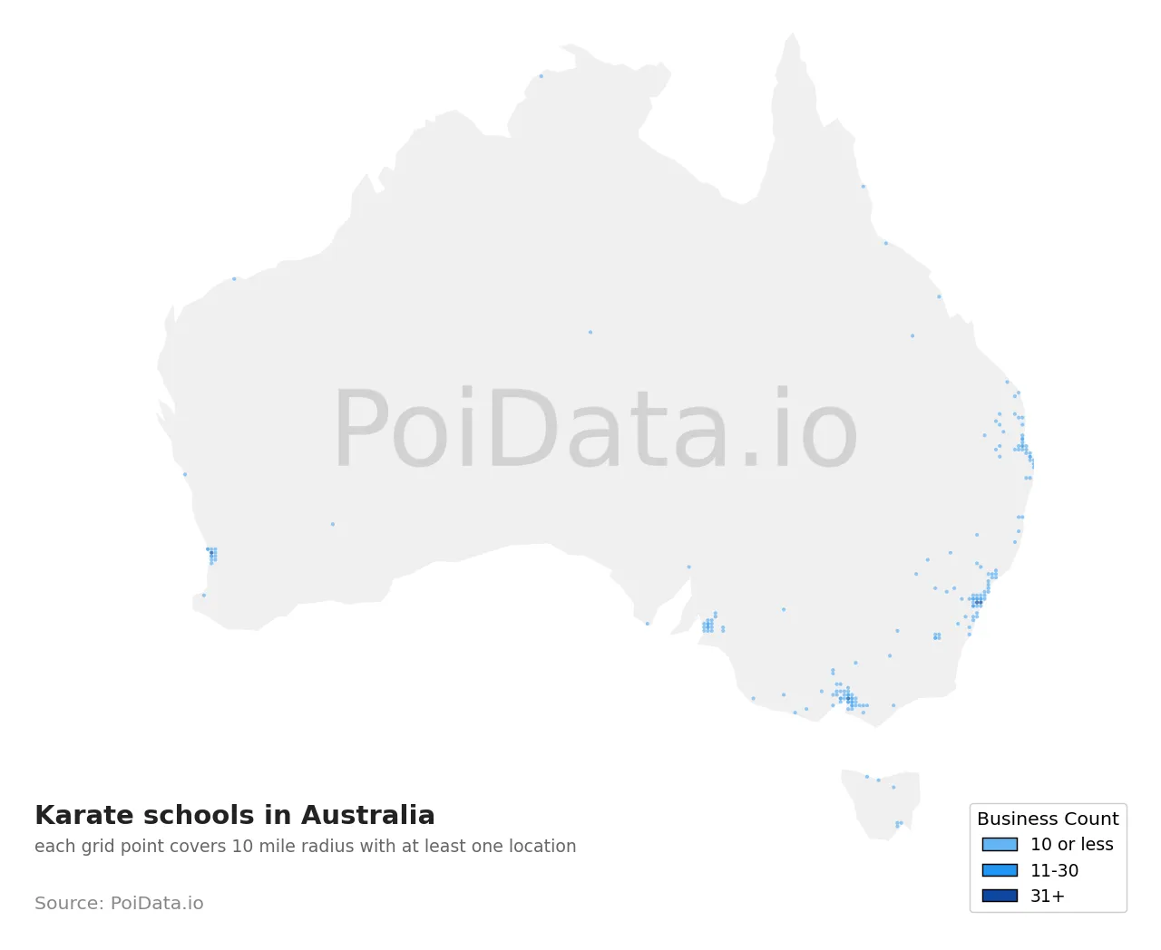 Karate school density map for Australia