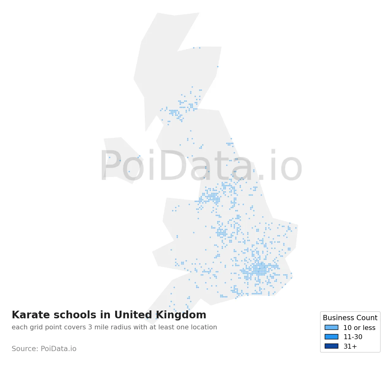 Karate school density map for United Kingdom