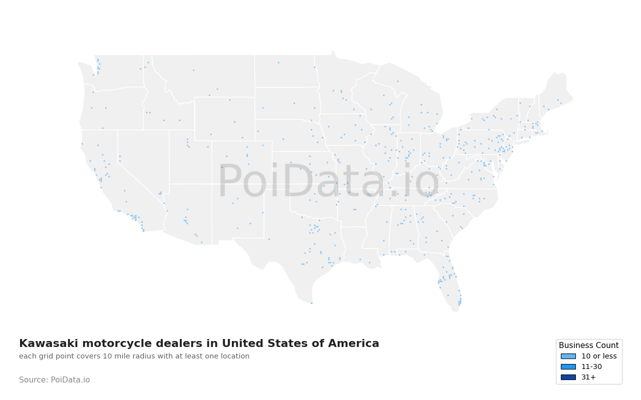 Kawasaki motorcycle dealer density map for Tennessee, United States