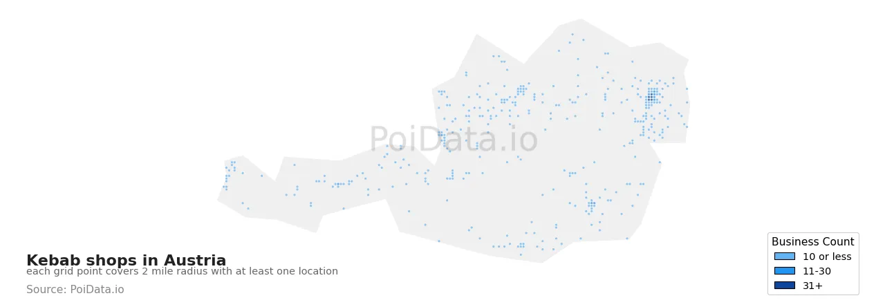 Kebab shop density map for Austria
