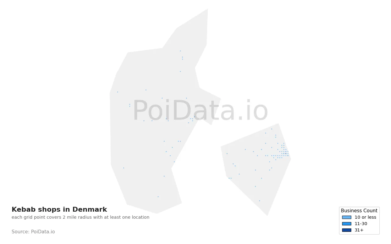 Kebab shop density map for Denmark