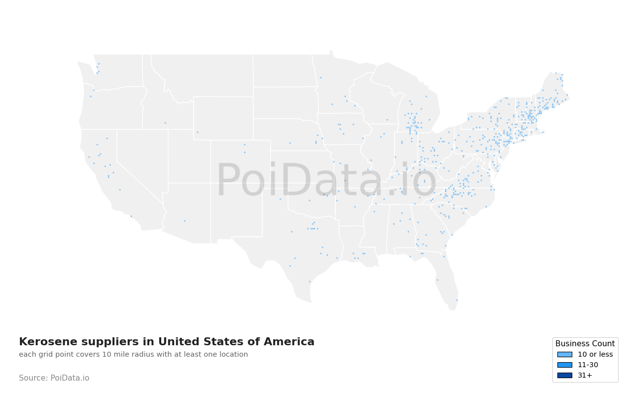 Kerosene supplier density map for Virginia, United States