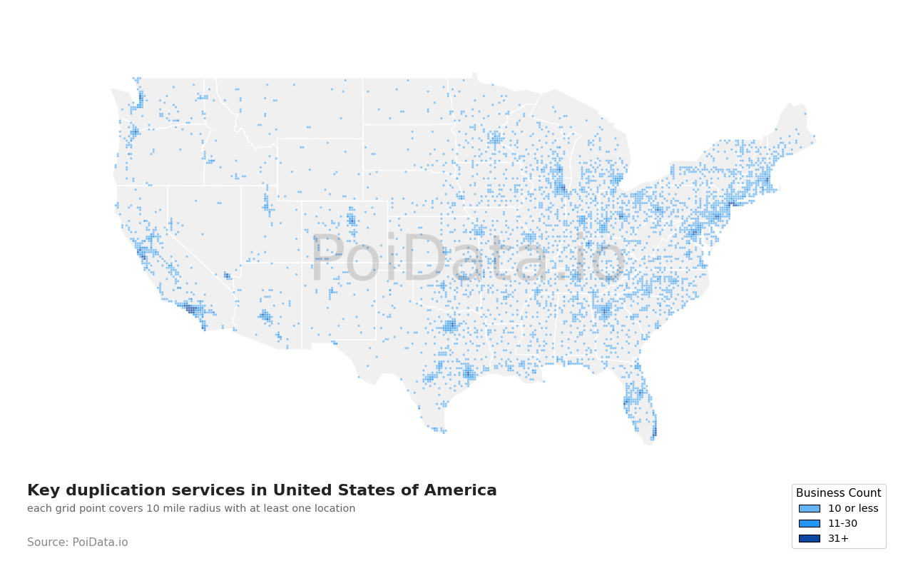Key duplication service density map for Pennsylvania, United States
