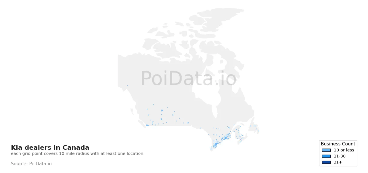 Kia dealer density map for Canada