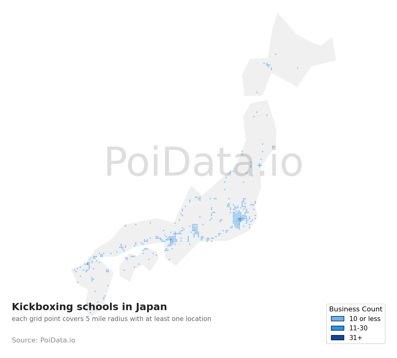 Kickboxing school density map for Saitama, Japan