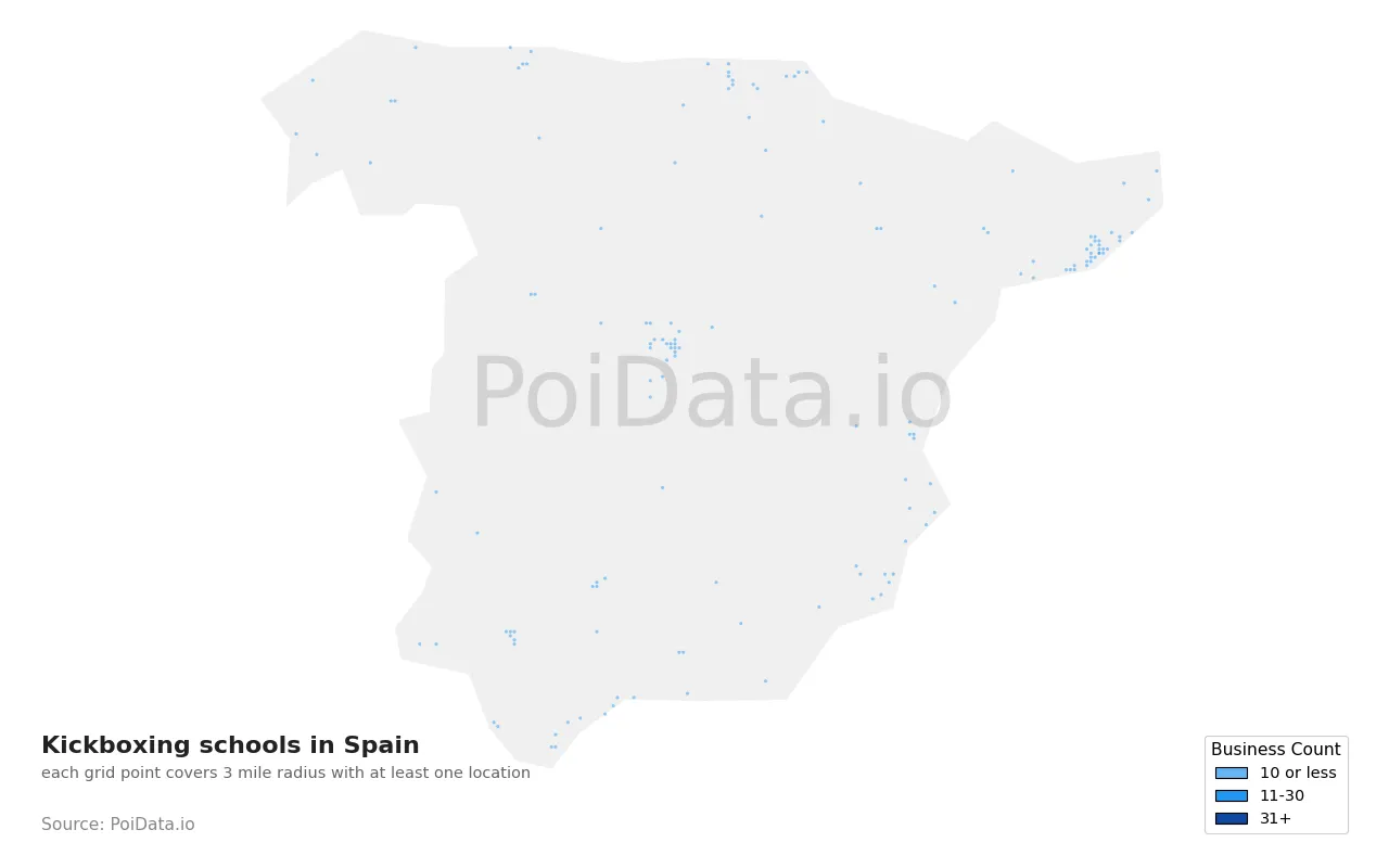 Kickboxing school density map for Spain