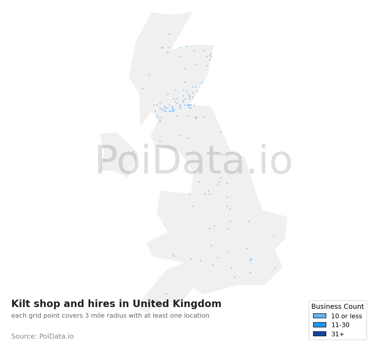 Kilt shop and hire density map for United Kingdom
