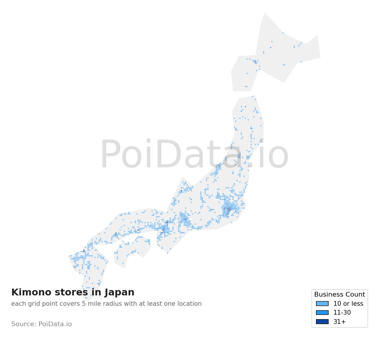 Kimono store density map for Japan