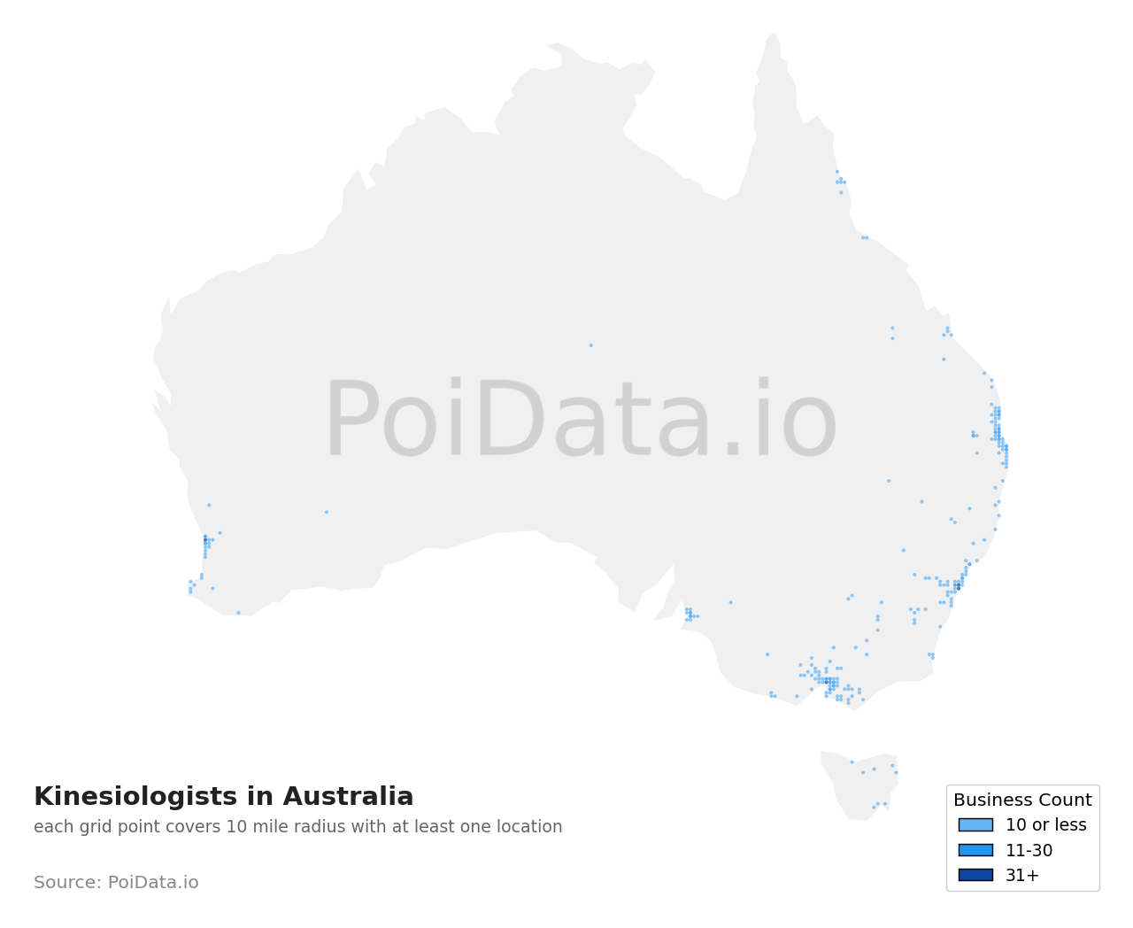 Kinesiologist density map for Tasmania, Australia