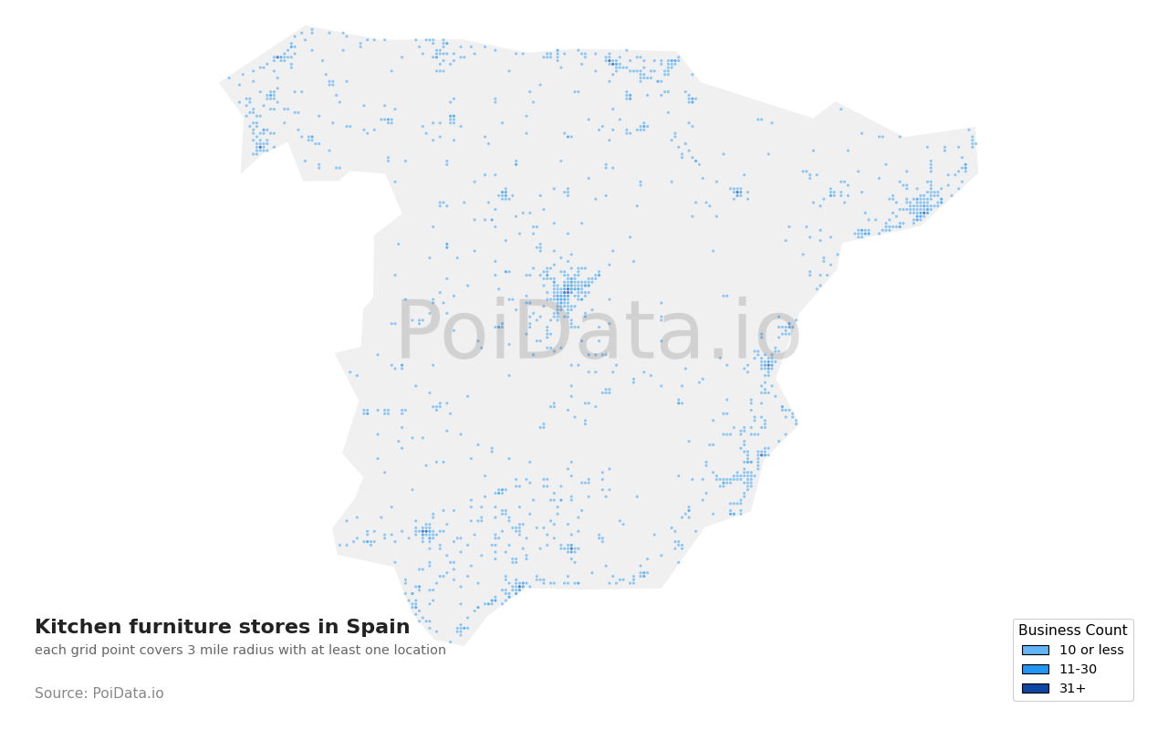 Kitchen furniture store density map for Spain