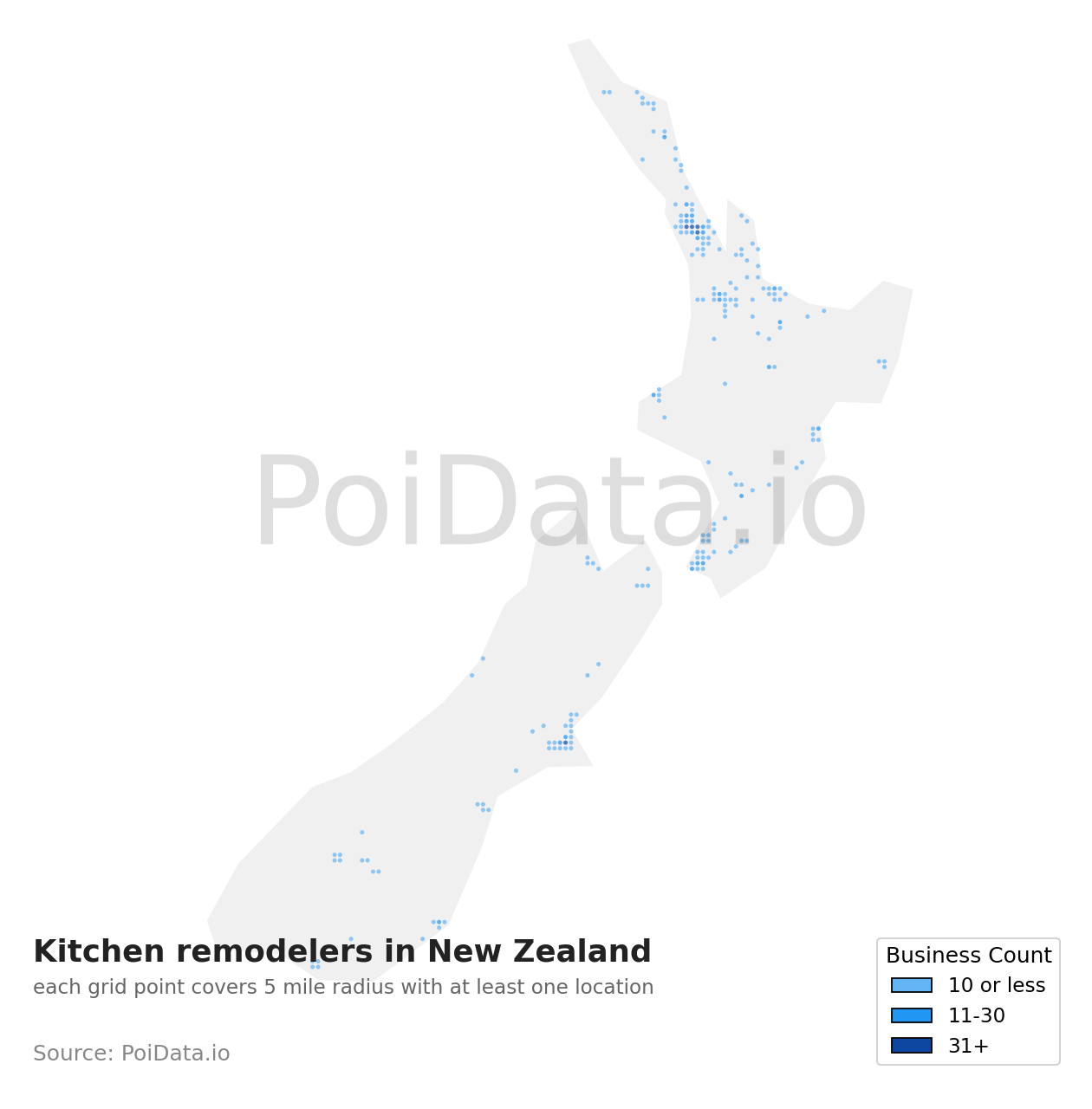 Kitchen remodeler density map for New Zealand