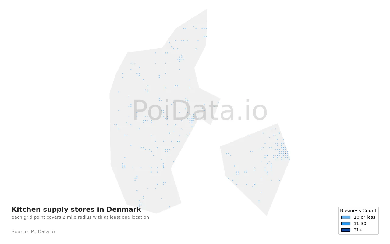 Kitchen supply store density map for Denmark